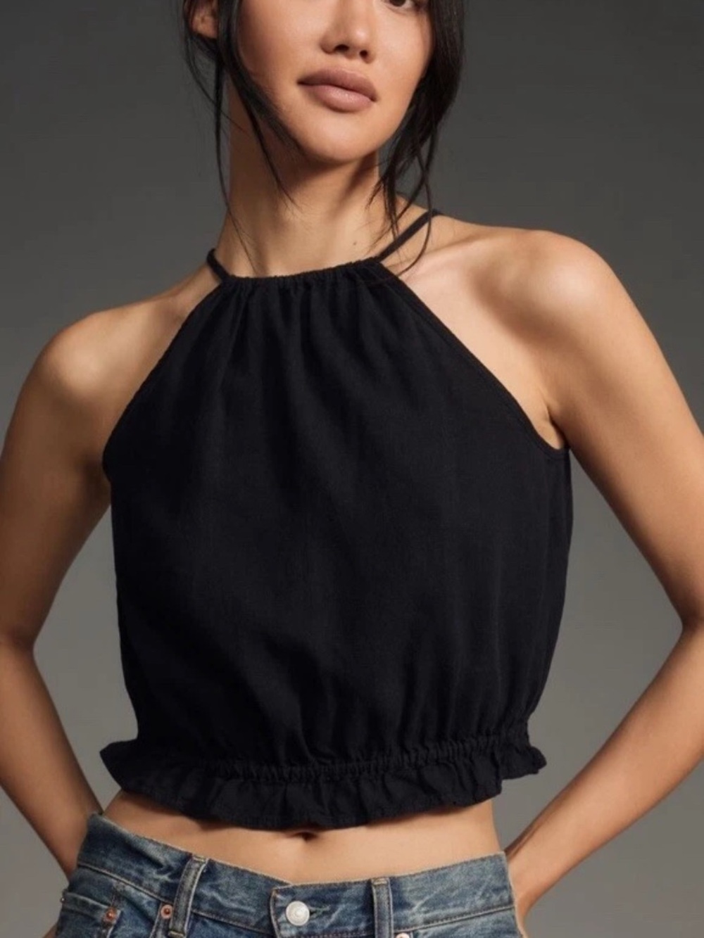 Anthropologie Pilcro Cropped Top Linen Blend Black Ruffle Tank Size?